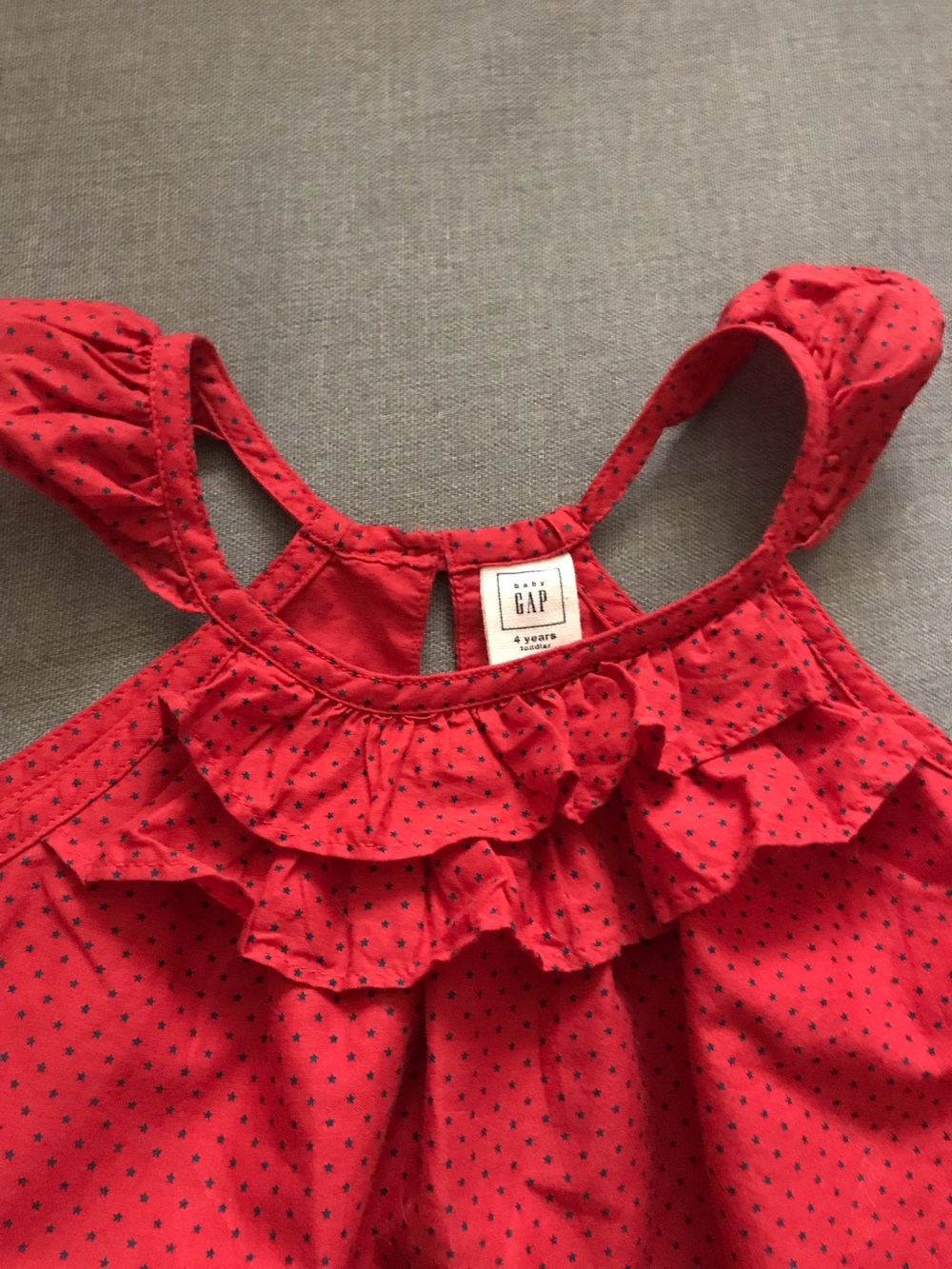 Red Ruffled Girl's Top with Embroidered Navy Hem - Picture 4 of 7